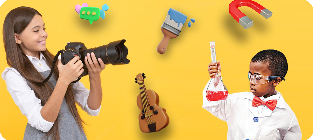 Photo of a girl holding a DSLR camera, a boy holding a beaker, with a cartoon violin, paintbrush, magnet and speech bubble in the background.